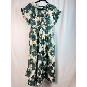 Floral V-Neck Midi Dress in Green and Cream With Sleeves